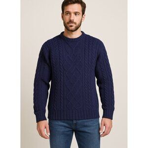 ARAN CRAFTS men's Navy 100% Irish Merino Wool Sweater Cable Knit XL